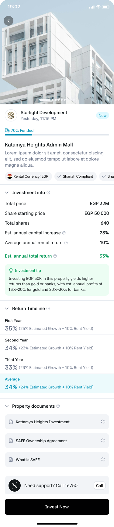 SAFE app — property investment detail and return timeline